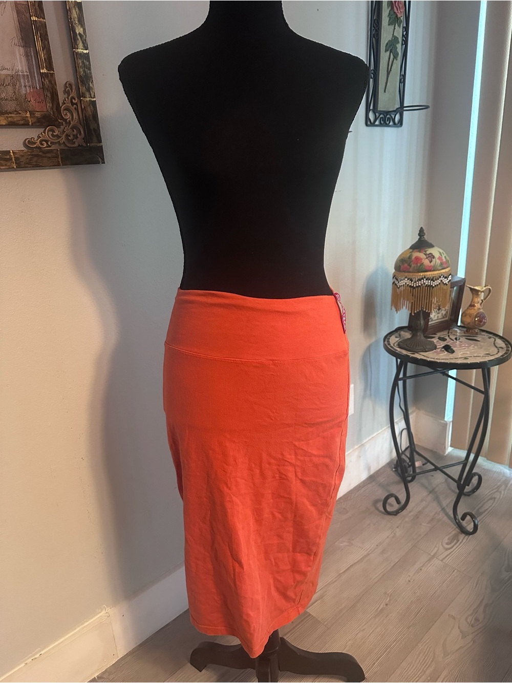 Women's Solid Orange Pencil Midi Skirt, Size S